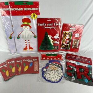 Vtg Beistle Christmas Decor 10 Pc Santa Door Cover Snowman Honeycomb Banners NIP